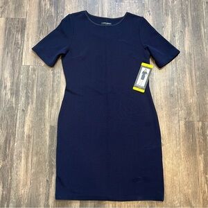 NWT Mario Serrani Women’s Navy Blue Knit Dress Round Neck Knee Length Casual M
